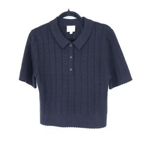 Hersy Pointelle Knit Polo Shirt Black Scalloped Trim Short Sleeve Women's L